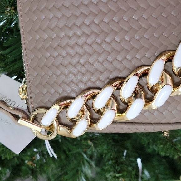 Italian Leather FIORDALISO Chain Strap Top Handle Bag Baguette Woven Gray Gold - Picture 4 of 17